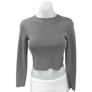 Zara Women's Gray Ribbed knit Long Sleeve Crew Neck Cropped Sweater Top Size S